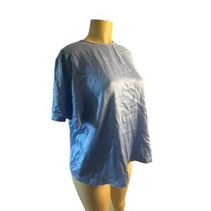 Women 40 US-8 Sezane Blue Silk Short Sleeved Blouse Shirt Top Keyhole Back